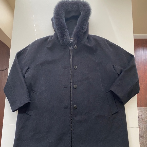 Ellen Tracy Wool Fox Fur Hooded Button Coat Jacket in Charcoal Size 24 - Picture 4 of 13